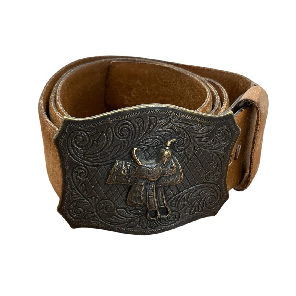 TexTan Vintage‎ Western Leather Belt with Ornate Brass Buckle Size 38